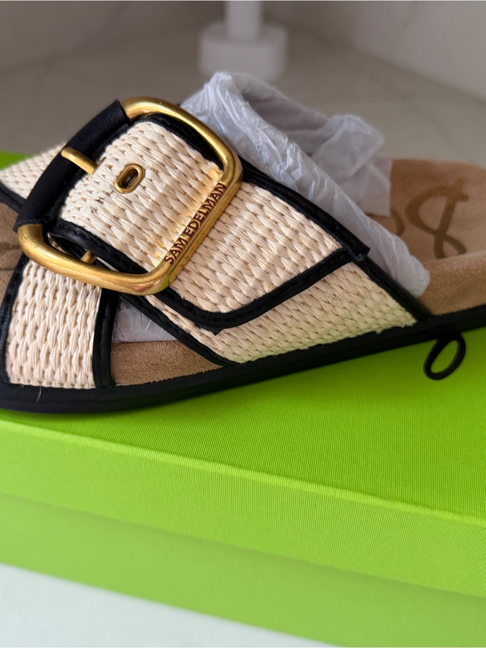 Sam Edelman Ivory Woven Slide Sandals with Gold Buckle - Picture 7 of 8